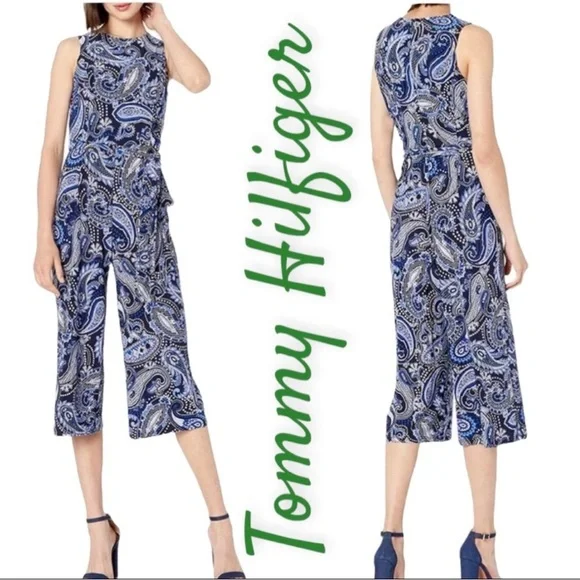 💐 Tommy Hilfiger Blue Paisley Sleeveless Jumpsuit - Picture 2 of 12